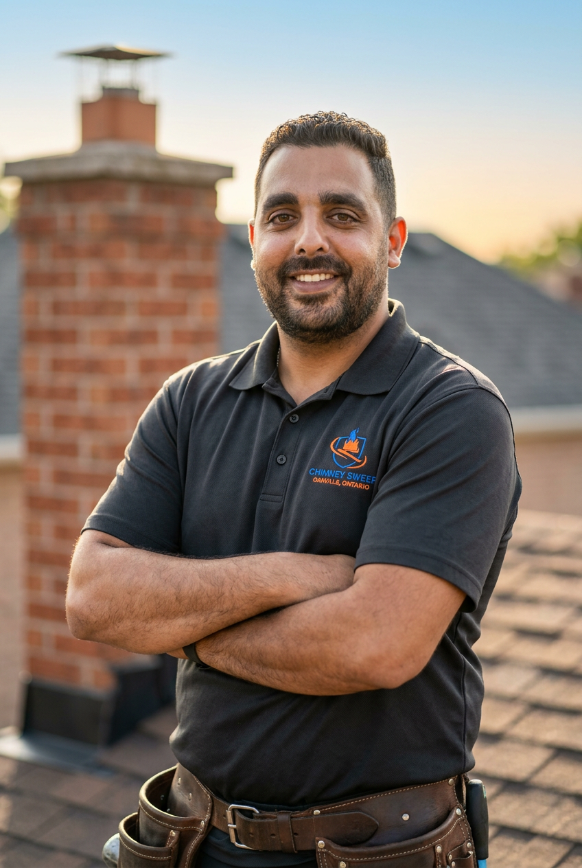 WETT-certified Chimney Sweeps Oakville technician in branded uniform beside an Oakville brick chimney